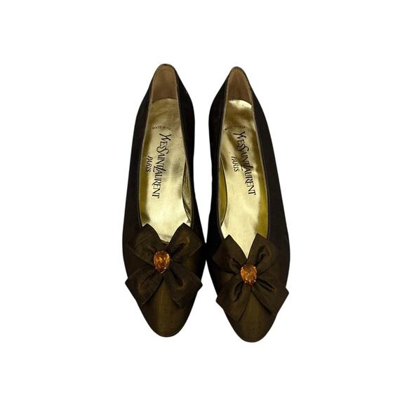YSL Vintage Shoes Yves Saint Laurent Kitten Heel Pumps Brown Bronze Satin 6.5 - Picture 2 of 4